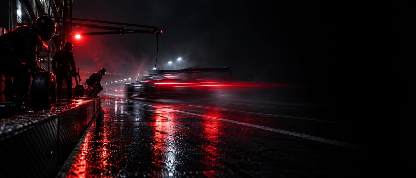 A pit crew at night in red light